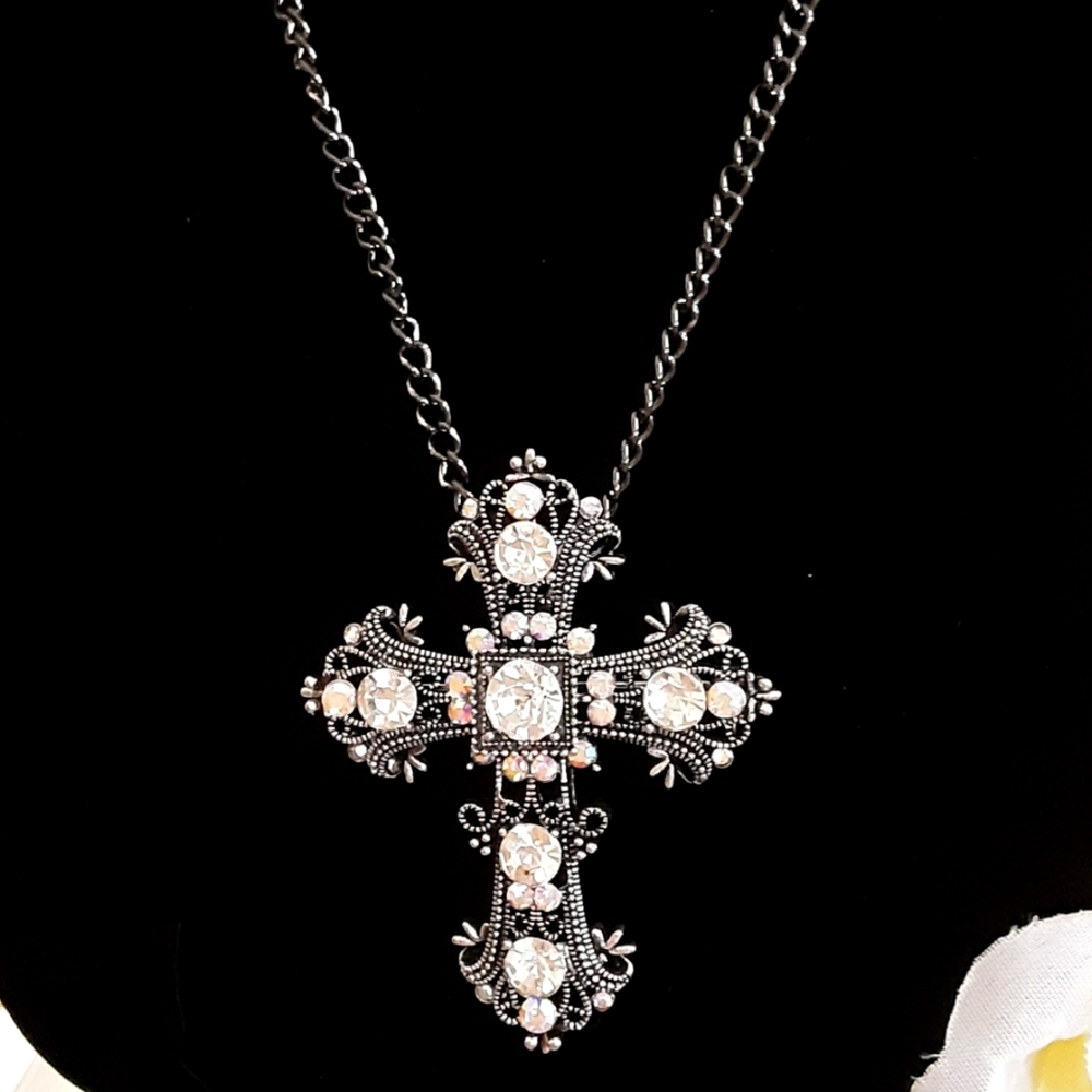 Hand Crafted Cross Necklace / Pin Brooch Large Size 2.5" X 2" Silvertone Unisex